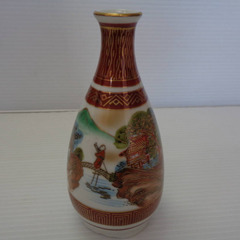 ☆▲九谷焼　酒器揃　徳利2本　ぐいみ5客　セット　赤絵　風景図　木箱　eの画像