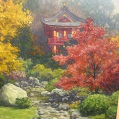 油絵　大型絵画　日本庭園　ホテル絵画の画像