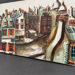 80x40.建物が密集した街並みが描かれた、独特なスタイルの絵画作品です。の画像