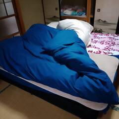 シングルベッド（２台）、ソファー・オットマン２台、ダイニングテーブル・椅子４、冷蔵庫の画像