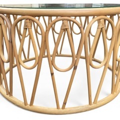 美品 ローテーブル ラタン製 円型 コーヒーテーブル ガラス天板 籐の画像