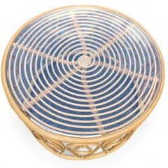 美品 ローテーブル ラタン製 円型 コーヒーテーブル ガラス天板 籐の画像