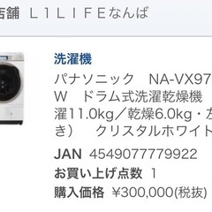 パナソニック NA-VX9700L-  W ドラム式洗濯乾燥機（洗  濯11.0kg／乾燥6.0kg・左開  き） クリスタルホワイトの画像