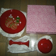 高杯　円形　 朱　 ひな道具　ひな飾り　手毬柄　菓子器　 祝高杯　 茶道具　箱あり　の画像