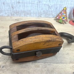 アンティーク　木製滑車　S.U  180◆2連　レトロ◆ガーデニング・インテリアにの画像