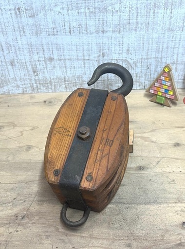 アンティーク木製滑車S.U 180◇2連レトロ◇ガーデニング・インテリアに
