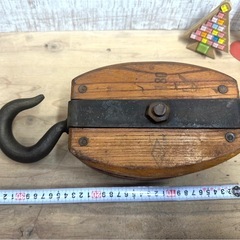 アンティーク　木製滑車　S.U  180◆2連　レトロ◆ガーデニング・インテリアにの画像