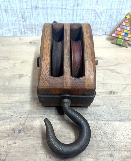 アンティーク木製滑車S.U 180◇2連レトロ◇ガーデニング・インテリアに