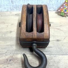 アンティーク　木製滑車　S.U  180◆2連　レトロ◆ガーデニング・インテリアにの画像