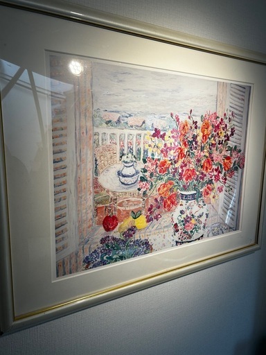 額装 絵画／フラワーモチーフ インテリアアート（サイン入り・詳細不明）
