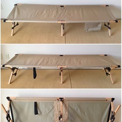USED 折りたたみコット 山善 WFB-200 GIコット 天然木フレーム ベージュ カーキ サイドポケット付 キャリーバッグ付 コンパクト収納 キャンプ アウトドア ナチュラルコット 廃番の画像