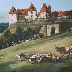 油絵・高台の城と放牧された家畜が印象的な風景画の画像
