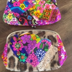 昭和レトロ　ハンドメイド　ハンドメイドバッグ　化粧ポーチ　レトロポップ　ヴィンテージ生地　レトロフラワー　長財布　ハンドメイドポーチ　雑貨　の画像