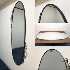 イケア EKNE 大型全身ミラー 楕円形 IKEA エクーネ美品 飛散防止フィルム貼り全身鏡 オーパルミラー 縦・横取付可能 エレガント調フレームの画像