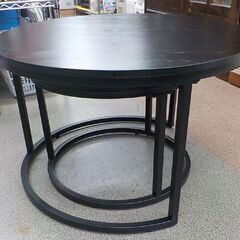 円形 ネストテーブル 木目調天板 ブラック 直径70/50㎝ センターテーブル サイドテーブル ソファテーブル　西岡店 の画像