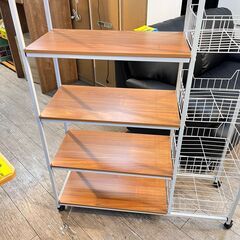 キャスター付き5段ラック バスケット付き マルチラック オープンシェルフ キッチンラック ナチュラル×ホワイト 白 横幅90.5cm奥行30cm高さ130cm★買取帝国 志木店の画像