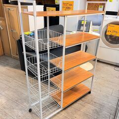 キャスター付き5段ラック バスケット付き マルチラック オープンシェルフ キッチンラック ナチュラル×ホワイト 白 横幅90.5cm奥行30cm高さ130cm★買取帝国 志木店の画像