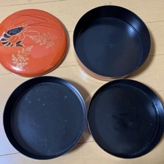 海老　お重　重箱　丸　3段　入れ子　 お正月食器　昭和レトロ　アンティーク　骨董の画像