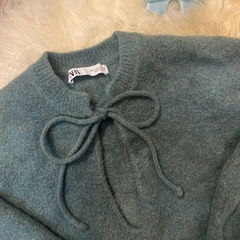 ZARA リボン　グリーン　緑　ニット　海外　韓国　インポートの画像