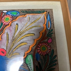 メキシコ民芸品 額装 手書き 絵画 花 鳥の画像