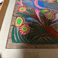 メキシコ民芸品 額装 手書き 絵画 花 鳥の画像