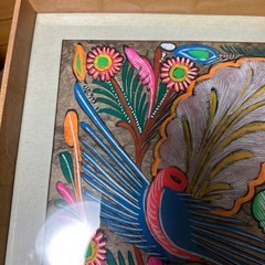 メキシコ民芸品 額装 手書き 絵画 花 鳥の画像