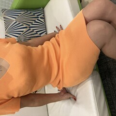 CHILLE リブニット ワンピース オレンジ Vネック 半袖 タイト ストレッチ フリーサイズの画像