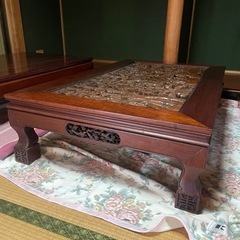 直接引取　近場配達　木製　座卓　彫り物　木彫り　テーブル　ちゃぶ台の画像