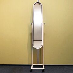 スタンドミラー 角度調節可能・キャスター付き アイボリー全身ミラー 姿見パイプスタンドミラー スリム鏡シンプルデザインの画像