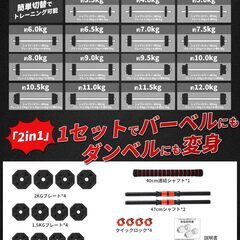可変式ダンベル 20kgセット バーベルに組み換え可能の画像