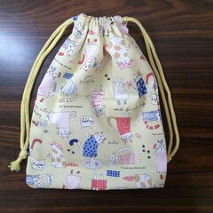 【ハンドメイド】ネコ柄きんちゃく（黄）の画像