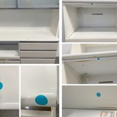 ニトリ キッチンボード ポスティア 幅140 ソフトクローズ モイス ハイグロスホワイト木目 レンジ台 食器棚 中古家具 店頭引取歓迎 R10290の画像