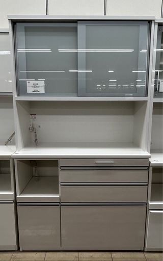 松田家具　2枚扉レンジボード　ホワイト×シルバー