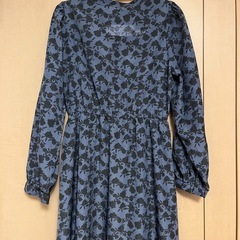 花柄ロング丈長袖ワンピ/青/ブルー/ウエストゴムの画像