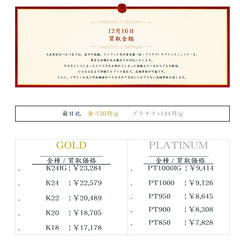 大黒屋仙台パルコ店 12/16 本日の貴金属の買取金額 