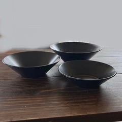 【流紋焼 会津本郷焼】大鉢 ボウル 丼ぶり 黒 入れ子3点セット ブラック 陶器の画像