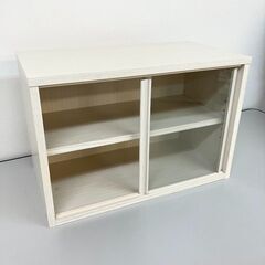 stp-3652　食器棚　2段　幅56.5cm　白　キッチン収納　ミニカップボード　ホワイト　収納棚　可動棚　カップボード　ガラス扉　引き戸タイプ　ミニ食器棚の画像