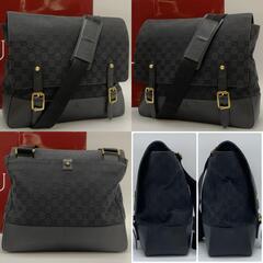 GUCCI グッチ GGキャンバス メンズ ショルダーバッグ メッセンジャー クロスボディ レザー ブラック 黒 ロゴ型押し A4収納可 115506の画像