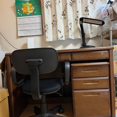 木製 学習机セット（デスク・引き出し・照明・オフィスチェア付き）約25年使用 ヴィンテージの画像
