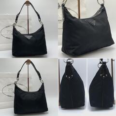 PRADA プラダ トート ハンドバッグ ワンショルダー 肩掛け ホーボー ハーフムーン  テスートナイロン  レザー ブラック 黒 デカ でか ロゴの画像