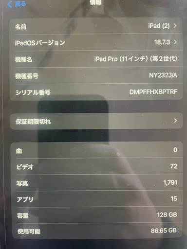 iPad Pro 第2世代 11インチ 128GB Wi-Fiモデル