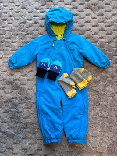 美品】パウダーベビーカバーオール 90 モンベル 水色 購入 雪遊び