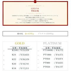 大黒屋仙台パルコ店 12/17 本日の貴金属の買取金額 