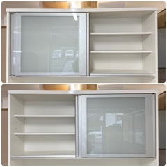 【超美品‼️】定価21万♪ 高級 松田家具 140cm幅キッチンボード(スモーク1400レンジ) 食器棚 収納家具 大理石調ホワイト♪の画像