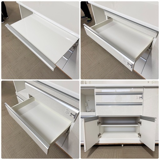 【超美品‼️】定価21万♪ 高級 松田家具 140cm幅キッチンボード(スモーク1400レンジ) 食器棚 収納家具 大理石調ホワイト♪