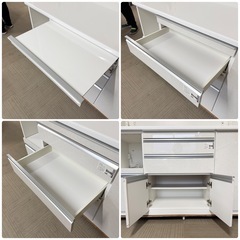 【超美品‼️】定価21万♪ 高級 松田家具 140cm幅キッチンボード(スモーク1400レンジ) 食器棚 収納家具 大理石調ホワイト♪の画像