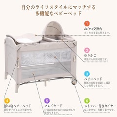 ベビーベッド、サークル、おむつ交換台の画像