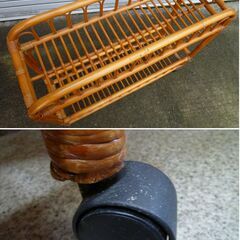 ★ラタン 2段 キャスター付き ランドリーワゴン ラック 脱衣かご 籐バスケット 籐家具 飾り棚 花台 観葉植物 プランターラック シェルフ 昭和レトロの画像