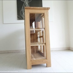 チーク無垢材 引戸ガラスキャビネット3段N 食器棚 飾り棚 カウンター ナチュラル キッチン収納 手作り 銘木家具 の画像