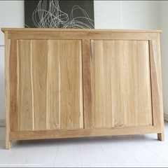 チーク無垢材 引戸ガラスキャビネット3段N 食器棚 飾り棚 カウンター ナチュラル キッチン収納 手作り 銘木家具 の画像